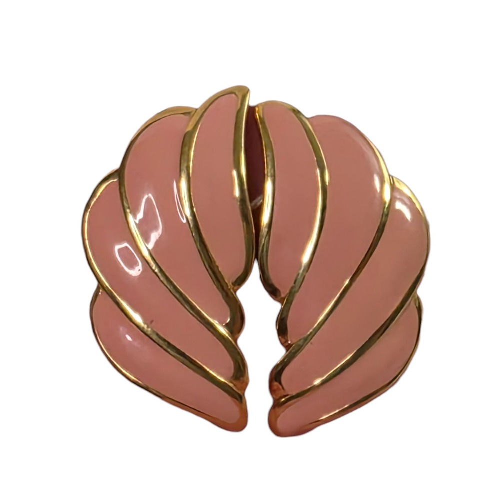 Napier Vintage Peach Enamel Gold Tone Clip on Screw Back Fan Wing‎ Earrings
